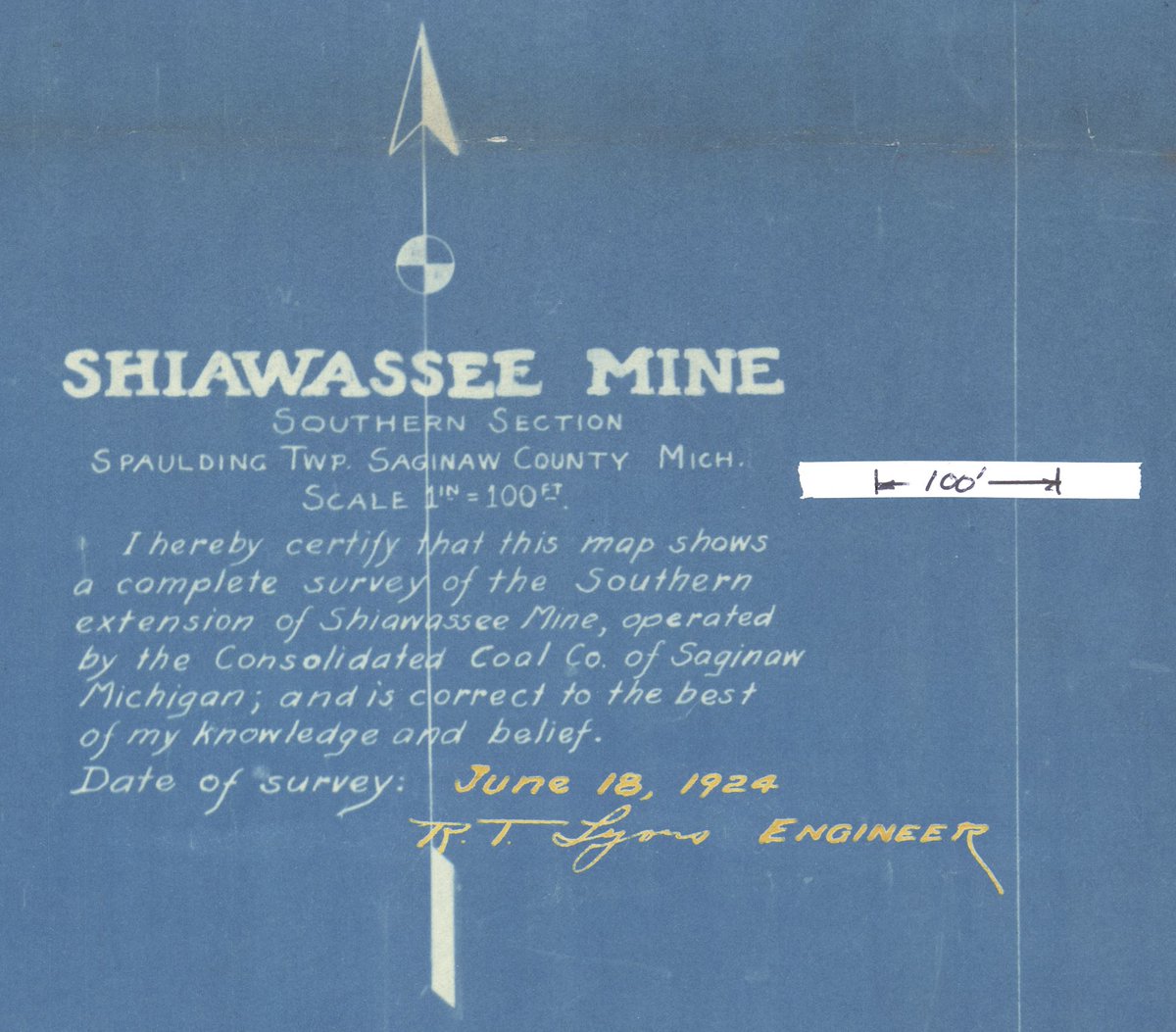minemaps's tweet photo. Here is an interesting title block from doc# 347537, the Shiawasee Mine in #Saginaw County, MI. Signed 98 years ago today. From our current #Michigan project. @MichiganEGLE #blueprint #NorthArrow #TDIH https://t.co/n2OY84Jufa