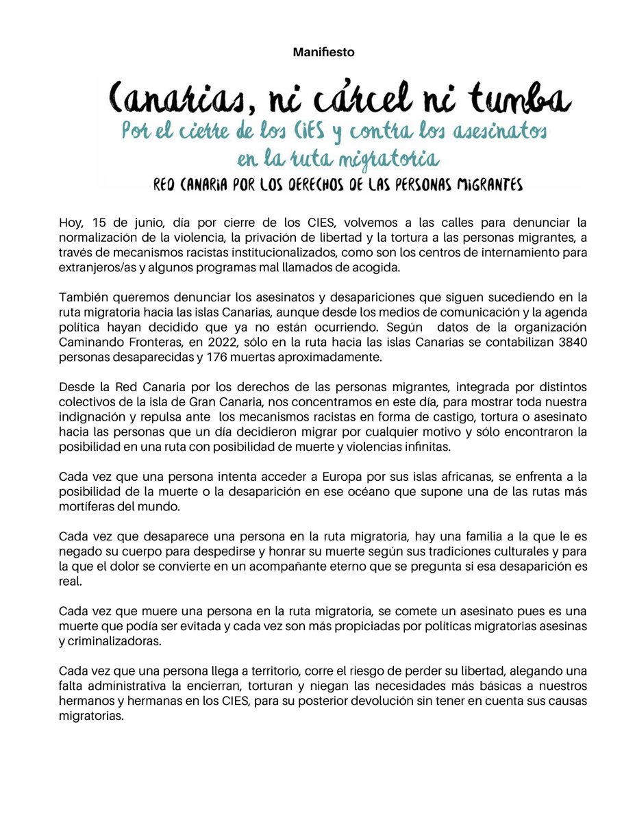 SolidariaSomos's tweet photo. Red Canaria por los Derechos de las Personas Migrantes: Manifiesto por el cierre de los #CIES y contra los asesinatos en la ruta migratoria. Aquí 👇y aquí 👉 https://t.co/M0zYvfUlhT https://t.co/e3YNawQjuM