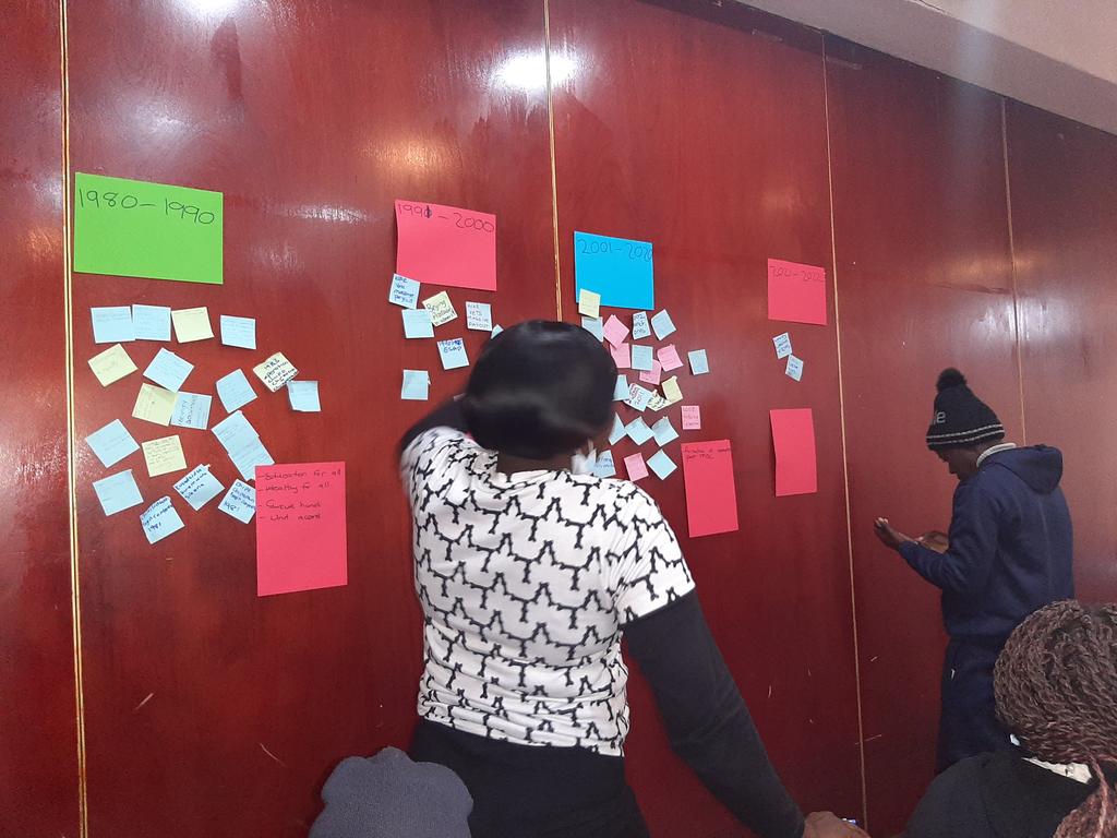 YoungWomenInst's tweet photo. Participants constructing a #HistoricalTimeLine identifying women's rights abuses & how Women Movements have empowered them to fight the injustices perpetrated against women at a FMBS:Feminist Movement for #WhatWomenWant @jass4justice @UNTrustFundEVAW https://t.co/aFVFNqNlU7