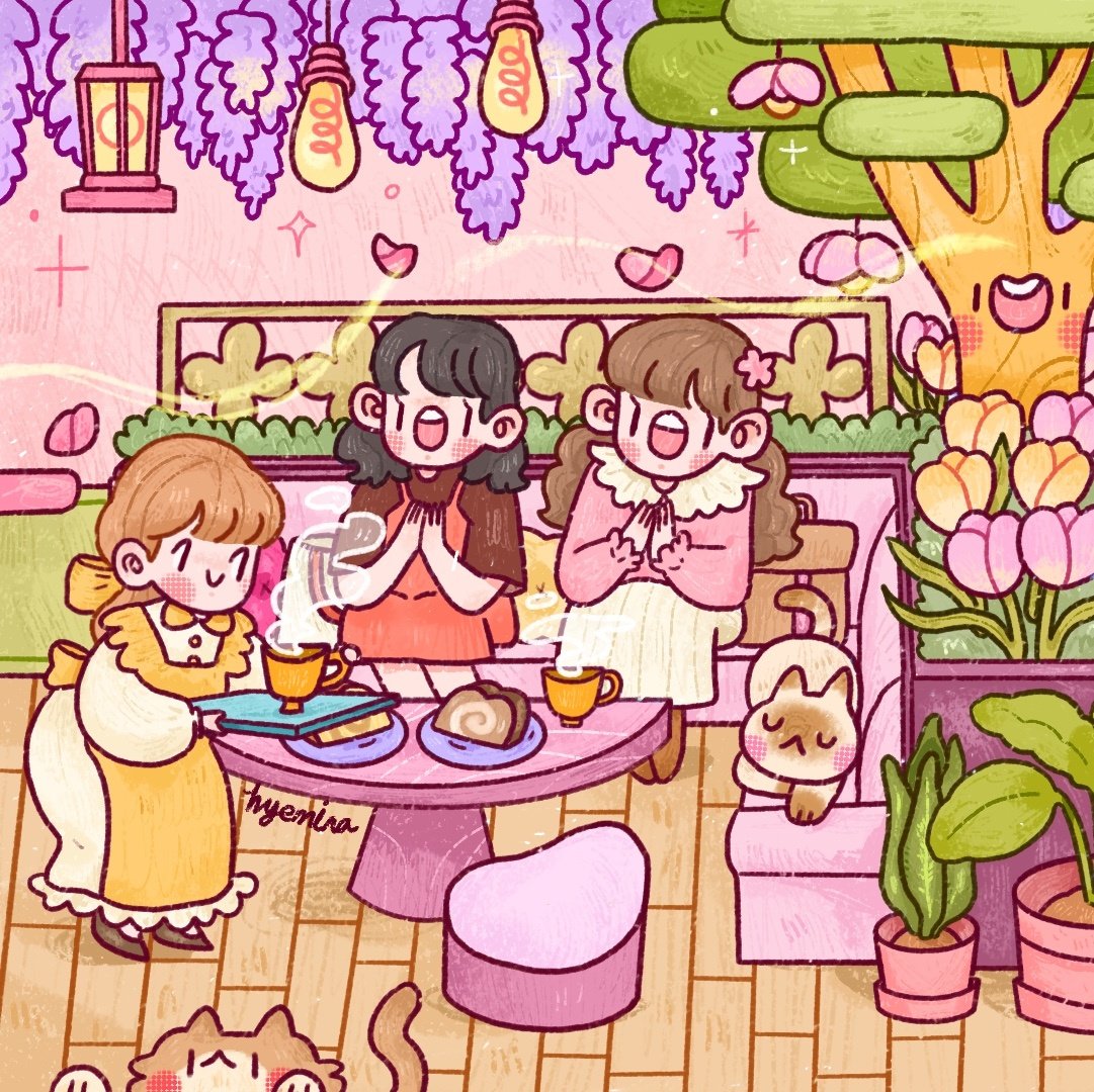 _hyemina's tweet photo. How happy we would be if we all can go to a magical, dreamy cafe like that one and talk about our art, and cute things and eat cosy cafe snack. 💐🍃💐🍃 https://t.co/XjMDakr6CQ