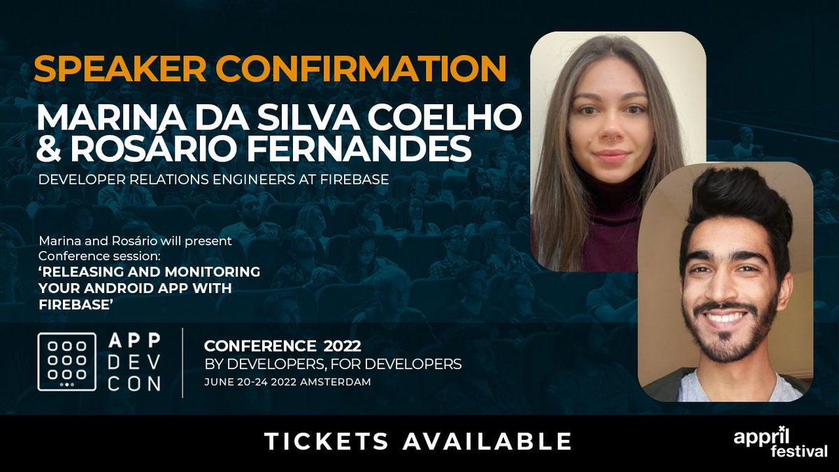 Appdevcon's tweet photo. Marina da Silva Coelho & Rosário Fernandes will be live at #APPDEVCON22 with their session:
Releasing and monitoring your Android app with Firebase😀
https://t.co/d86UUZSbi1
#appdevcon #amsterdam #appril #appdevelopment #appsterdam #speaker https://t.co/Wo09EbAP7Z