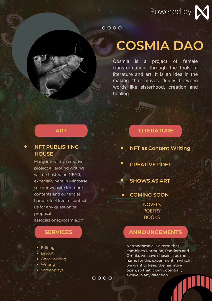 _Near_in's tweet photo. Who is COSMIA DAO?
What's going on about this in the DECENTRALISED WORLD? Check out small portfolio 
#cosmia #NFTpublishinghouse #writers #DAO #female #crossmedia #narrative #NEAR #nearNFT #mintbase 
@MintbaseDAO @mintbase @hellowoca @spacedivers @CicatriciB https://t.co/rRyJxDciTS
