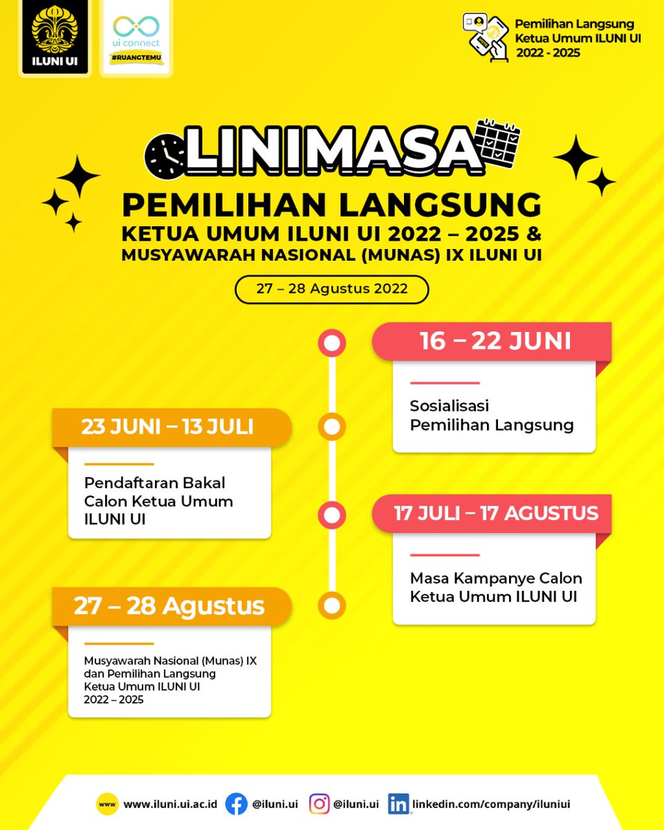 iluniui_'s tweet photo. Halo Rekan-rekan Alumni! Sebentar lagi Pemilihan Langsung Ketua Umum ILUNI UI periode 2022 – 2025 dan Musyawarah Nasional (Munas) IX ILUNI UI akan segera digelar.
Yuk catat tanggal-tanggal penting dari rangkaian kegiatannya!
#PemilihanLangsungKetuaUmumILUNIUI2022
#alumniUI https://t.co/M1XhG7SIMr