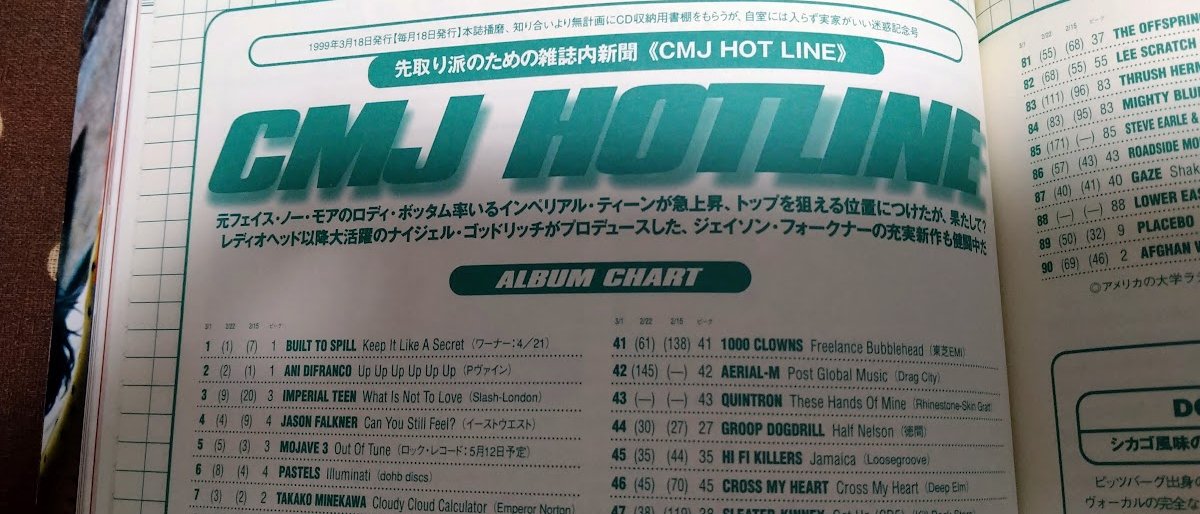 s_malady's tweet photo. 在宅仕事も終わったんでもう少しだけCROSSBEAT本誌から抜粋。CMJチャートと言われても若い子達は知らんかもしれないが、詳細は省くとして写真を見れば分かるけどBUILT TO SPILLの『Keep It Like a Secret』(大傑作！)が1位取っちゃうランキング、ということです(笑)。結構参考にしてたのを思い出す。 https://t.co/pLuIHudDAA