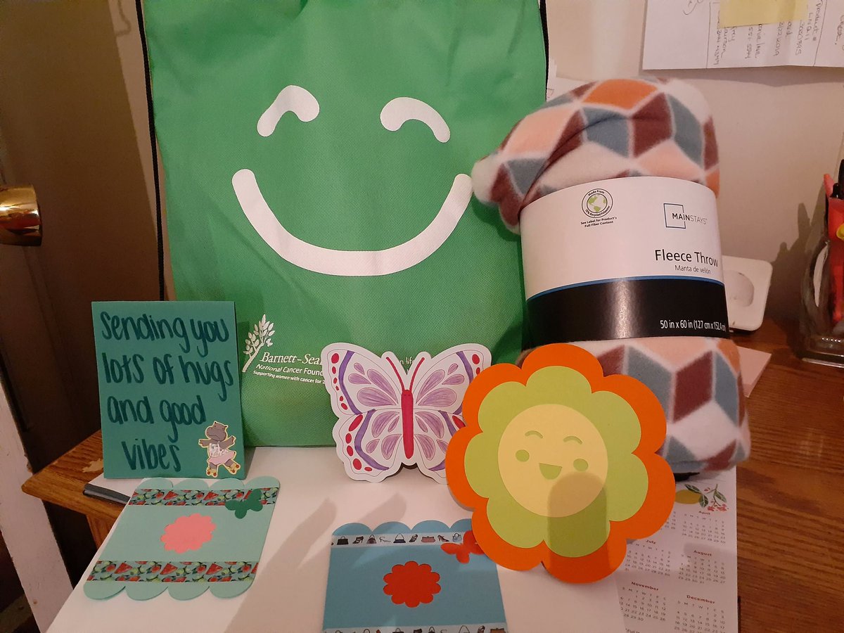 BSNCancerF's tweet photo. BSNCF's Smile Kits contain items such as a cozy blanket, fuzzy socks, lip balm to help sooth chapped lips, an adult coloring book, colored pencils and cards of inspiration.   All are branded with sticker smile sayings!   
 Learn more at https://t.co/9udaULWz5N. https://t.co/sCbW05QrUD