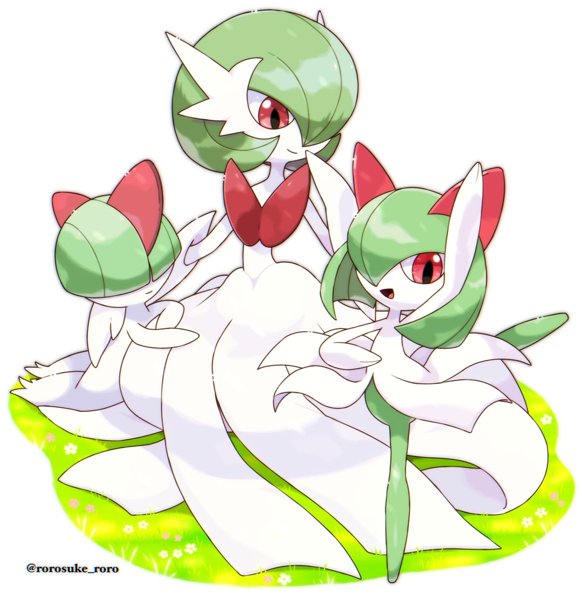 gardevoir ,kirlia pokemon (creature) smile red eyes grass open mouth green hair closed mouth  illustration images