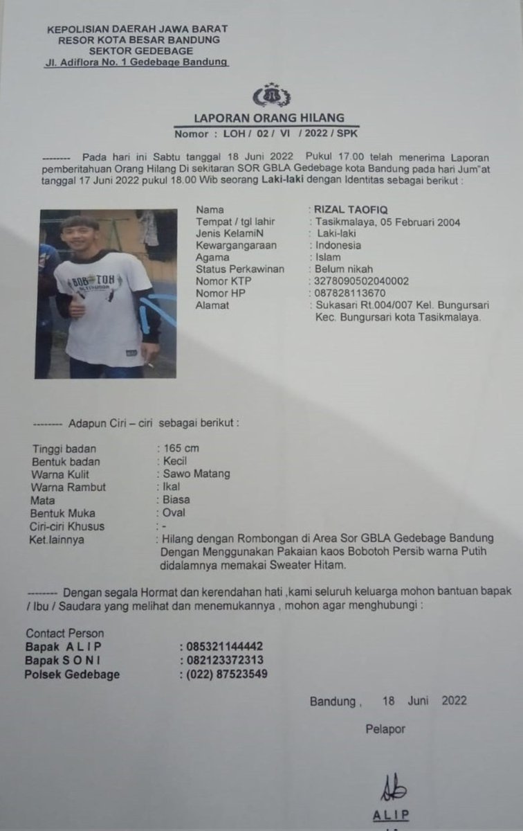 Tolong bantu share ya teman-teman bobotoh siapa tau ada yang melihat atau bertemu sama Rizal Taufiq, kabarnya belum pulang sampai saat ini kabarnya hilang di sekitaran GBLA. Stay safe Bobotoh. 🙏