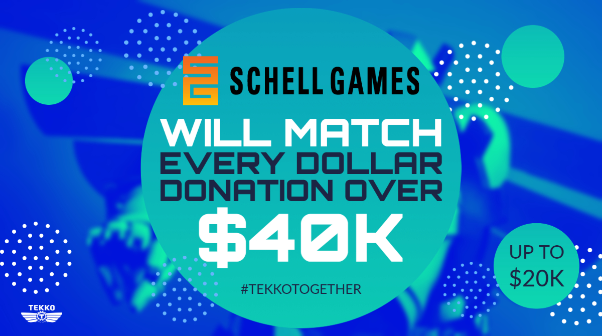 TeamTekko's tweet photo. Schell Games has offered to match every dollar over $40,000, for up to $20,000! That means if you donate $10 right now, they'll donate $10! Thank you @schellgames for your generosity and support! #TekkoTogether https://t.co/T4vzmupfmr