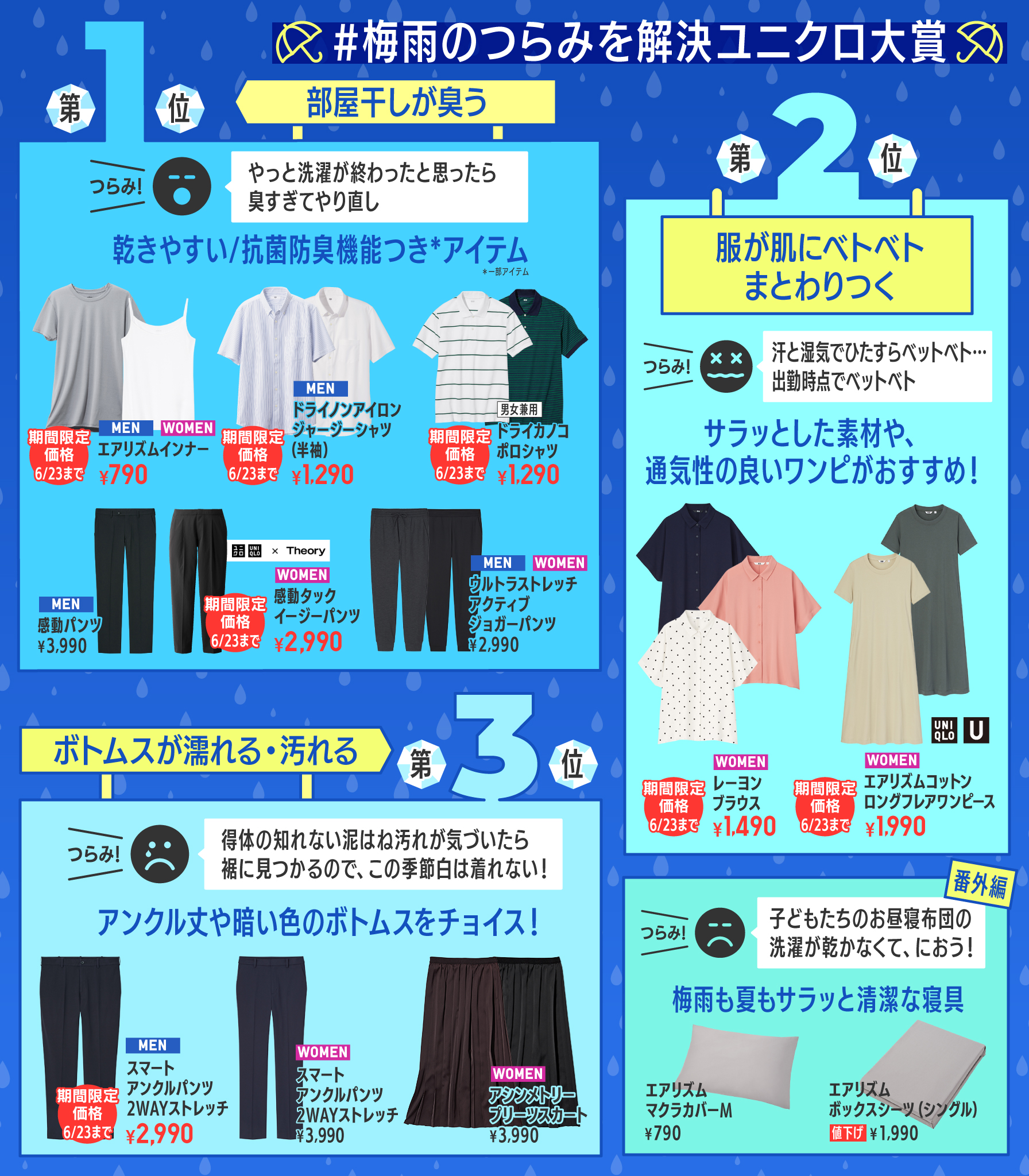 ユニクロ 梅雨のつらみを解決ユニクロ大賞 大発表 洗いたての服が臭う 汗と湿気でベトベト 梅雨のお悩みに役立つユニクロ商品を紹介 10名様にユニクロギフトカード １万円分当たる 応募方法 Uniqlo Jp をフォロー 本投稿をrt 6