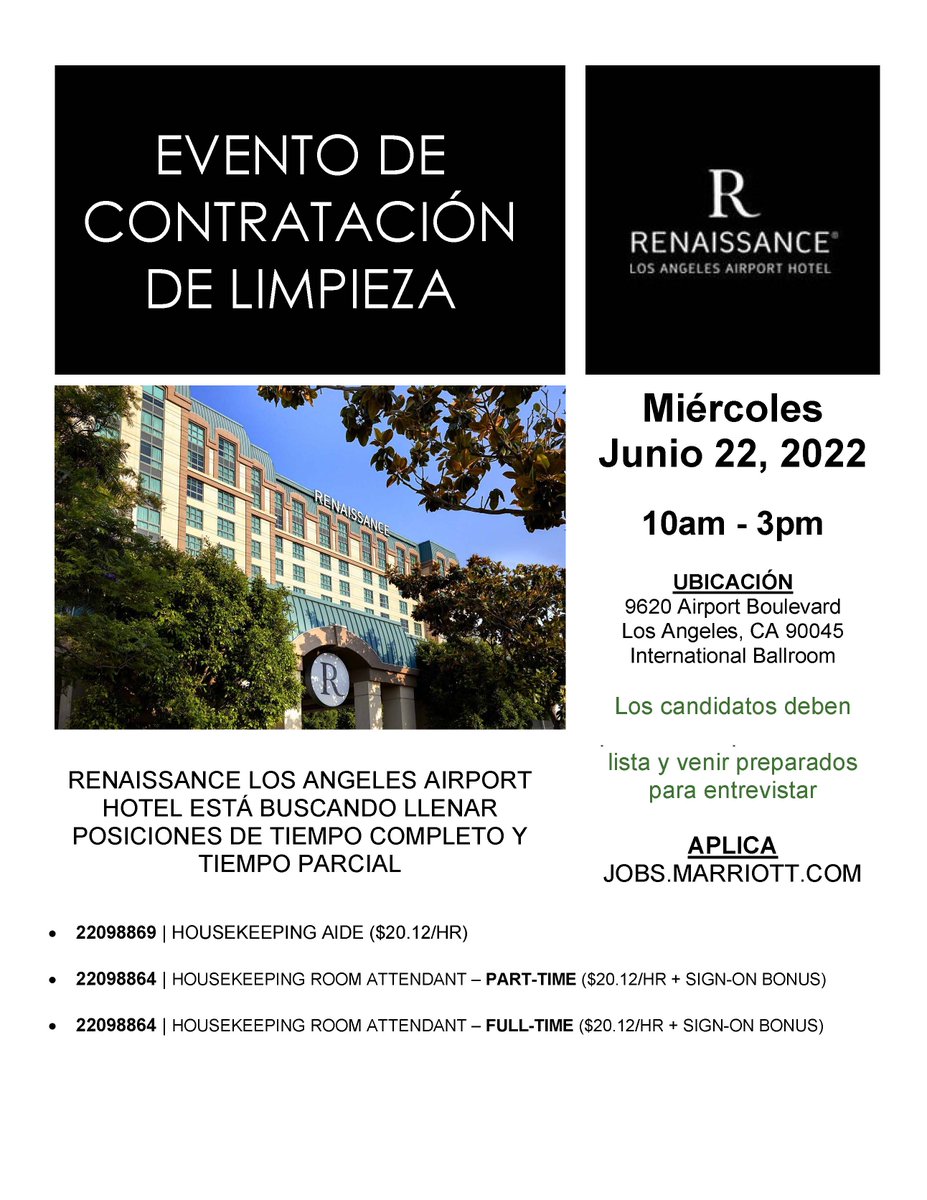RenaissanceLAX's tweet photo. Your journey begins here! 📅 
Housekeeping Hiring Event happening June 22 from 10am-3pm.
#NowHiring #LosAngeles https://t.co/zfsoVCUI6h