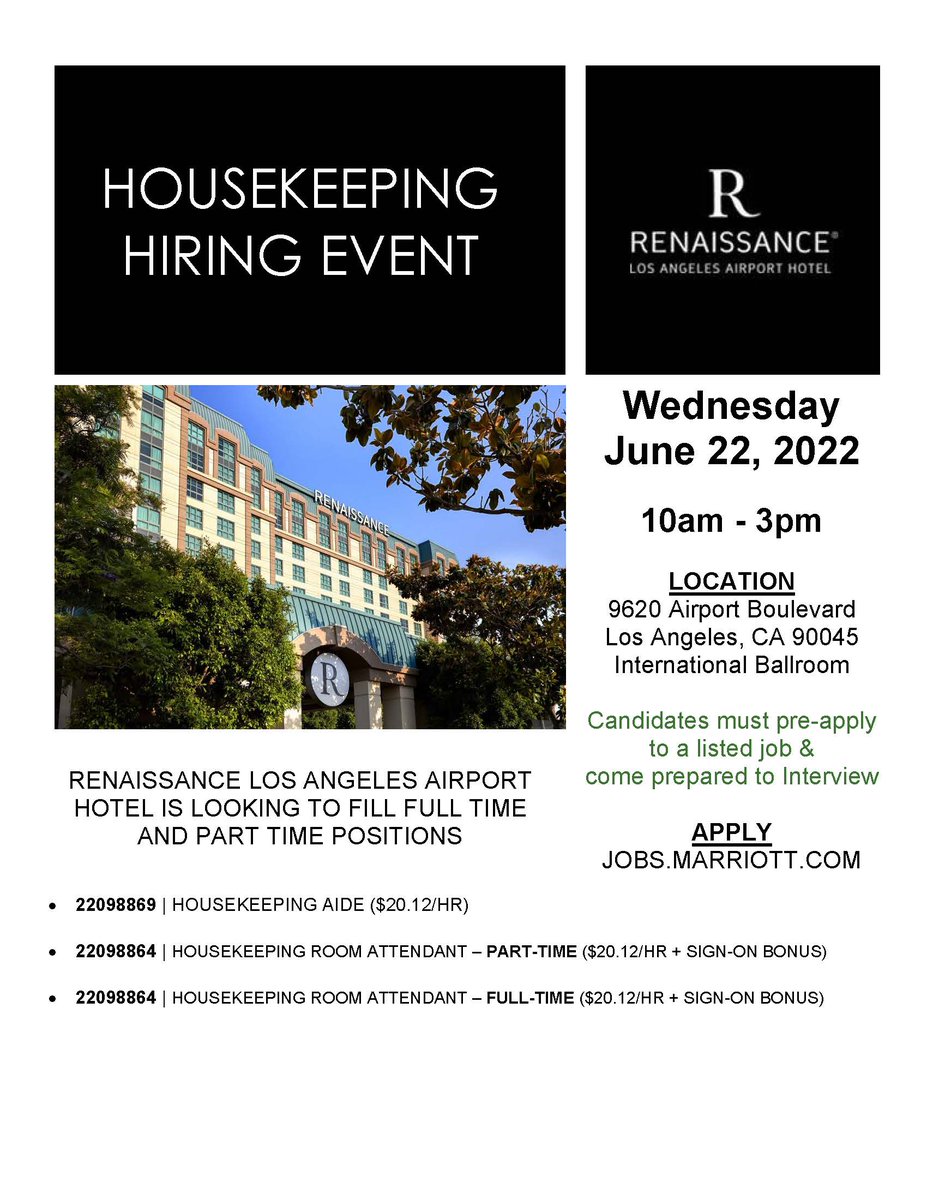 RenaissanceLAX's tweet photo. Your journey begins here! 📅 
Housekeeping Hiring Event happening June 22 from 10am-3pm.
#NowHiring #LosAngeles https://t.co/zfsoVCUI6h