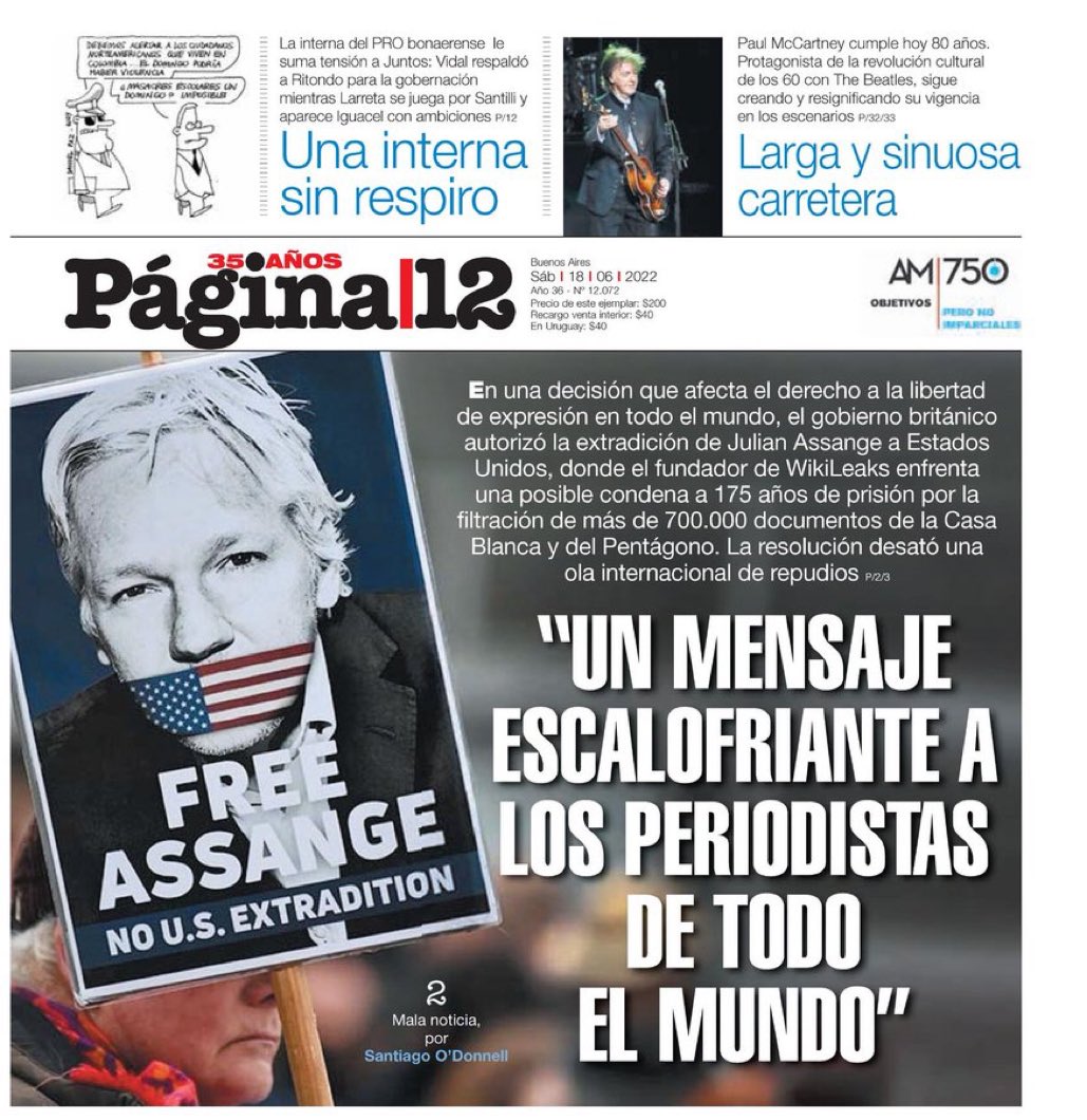 La decisión de <a href="/pritipatel/">Priti Patel MP</a> de permitir la extradición de #JulianAssange <a href="/wikileaks/">WikiLeaks</a> para ser condenado en Estados Unidos es el fin de la libertad de expresión y del derecho humano a una información veraz. El objetivo es disciplinar al periodismo de investigación. No lo permitamos.