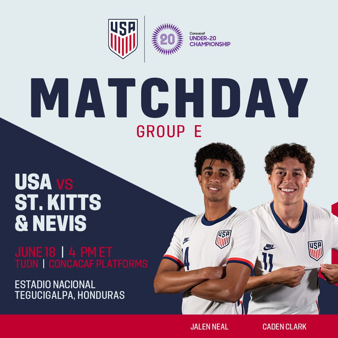 USYNT's tweet photo. Our #CU20 journey starts today! 👊

Watch 🇺🇸 vs. 🇰🇳 on @TUDNUSA and @Concacaf's App, Facebook &amp; YouTube >> https://t.co/fe9ULkmWZa https://t.co/0LRDznsjlt
