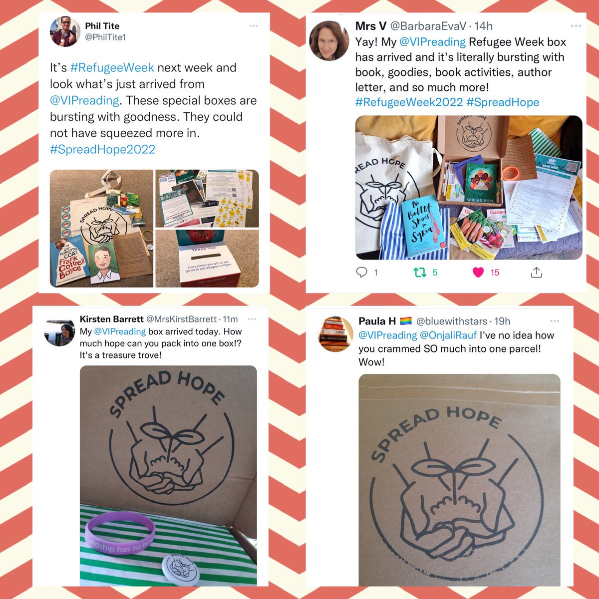 VIPreading's tweet photo. 🌱 Some lovely #SpreadHope22 #VIPbookbox feedback! 🌱
Still time to order a book box or maybe some #RefugeeWeek merchandise which is now in the sale!
❤️ Profits to @o_refugee
✅ https://t.co/g4EGrciUei
🎉 Free upgrade to 1st class delivery! https://t.co/yz8CcQegm9