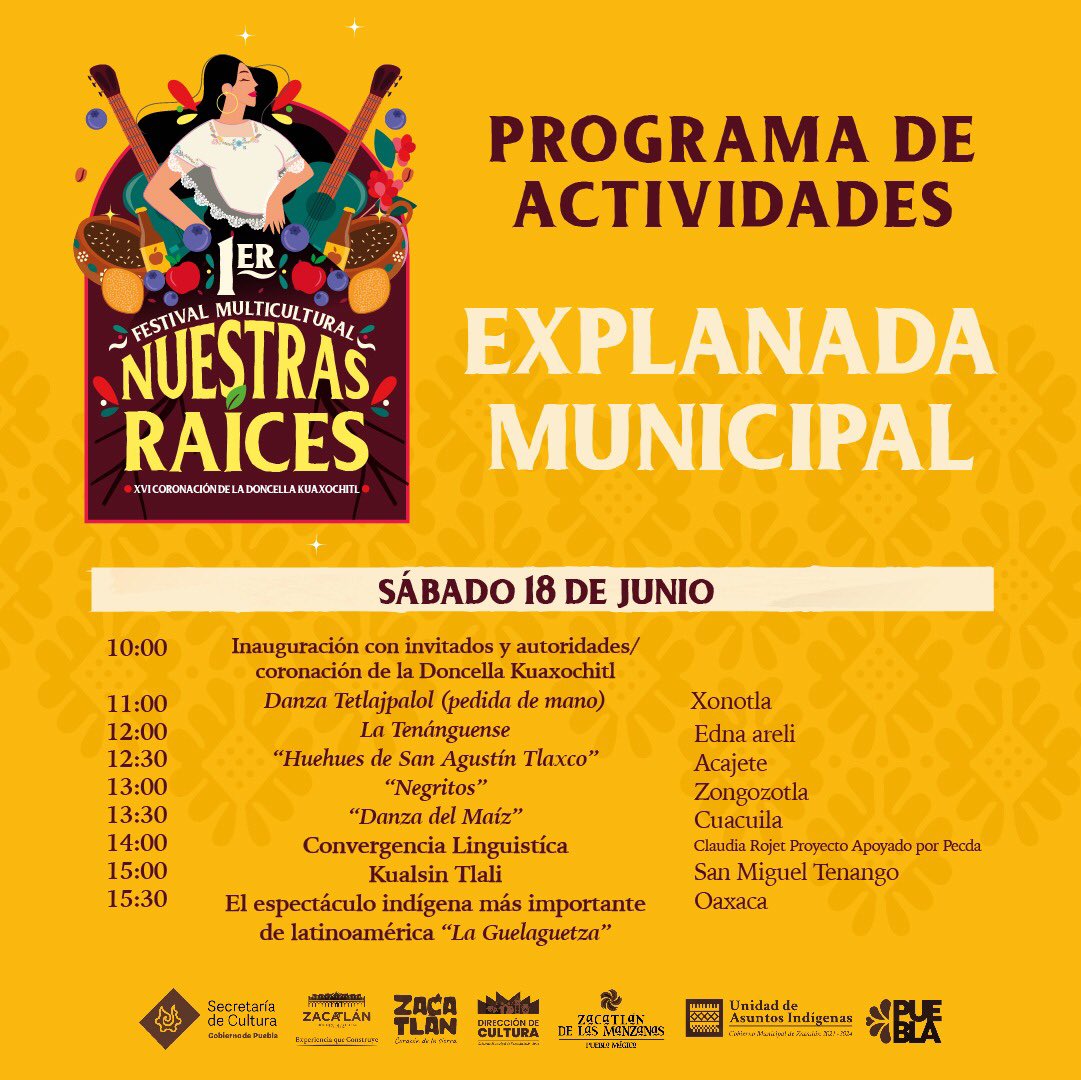 Zacatlan_CS's tweet photo. Te compartimos las actividades que tenemos para hoy y disfruta el #FestivalMulticultural y de toda la magia de #Zacatlán.
#CorazónDeLaSierra 💗🍎 https://t.co/cKsOpYyuRv
