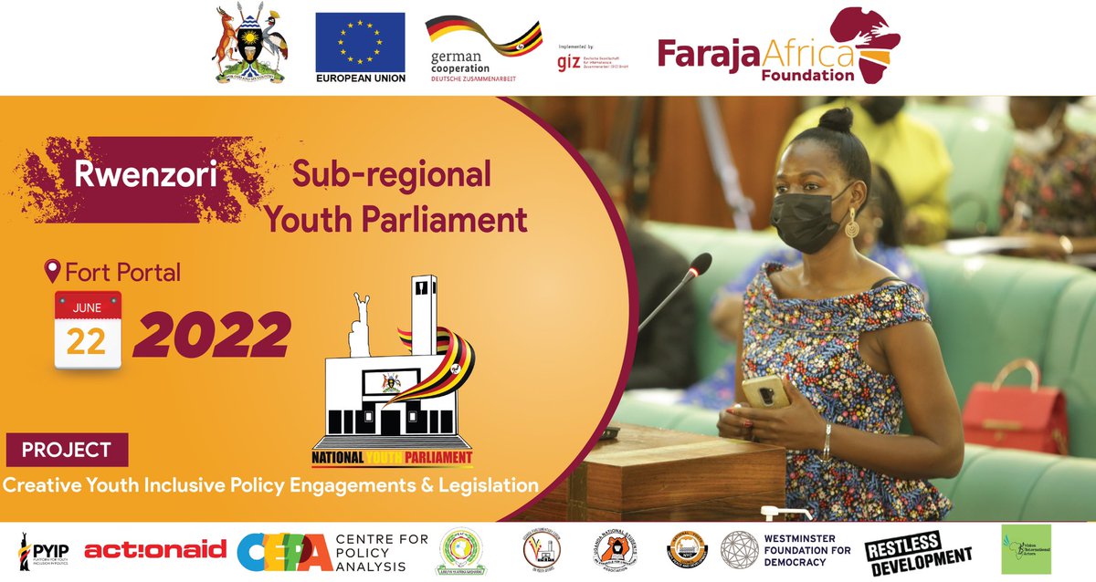 FarajaAfricaFdn's tweet photo. The third subregional Youth Parliament Session will be in Rwenzori subregion~ hosted by Fort portal City in partnership with Vision International Actors as official conveners and regional partners. 

Date: 22nd June, 2022

#YouthParliamentUG https://t.co/95kIX4Itwy