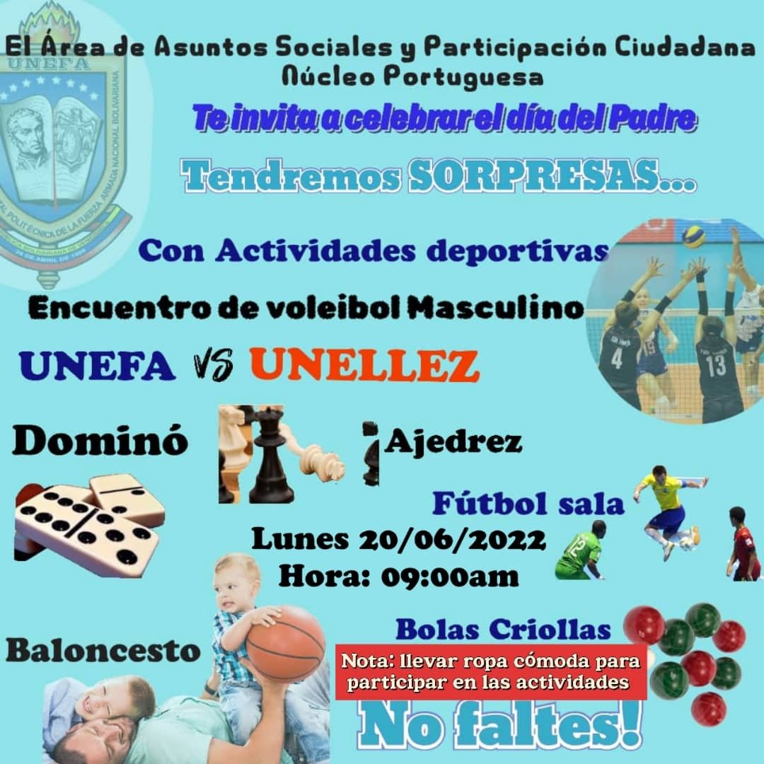 Unefa_Portugues's tweet photo. #18JUN22 Área de ASyPC #SedeGuanare #NúcleoPortuguesa, a cargo PTte. Keydys Calles, preparan Actividades Deportivas y otras sorpresas, el lunes 20JUN22 a las 09:00 am con motivo del Día del Padre. @angiolillofp @SalaUnefa @rectorado_unefa @Unefa_VEN @VasypcUnefa https://t.co/HK1bud1r0s