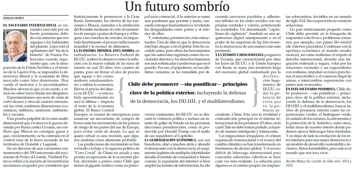 HeraldoMunoz's tweet photo. Les comparto esta columna sobre el momento difícil del escenario internacional que vivimos. Gracias por leerla. https://t.co/7Fw5VybaH4