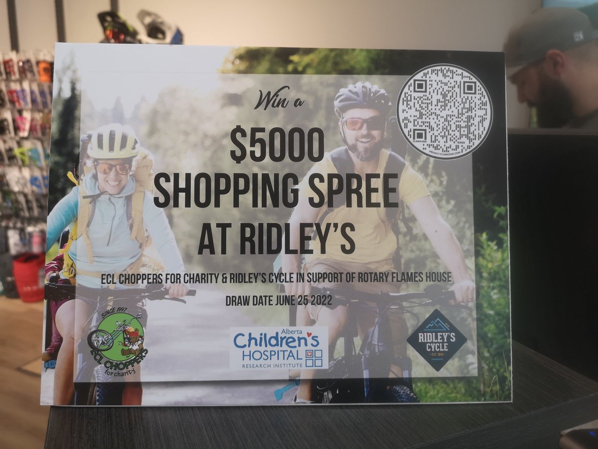 Win a $5,000. Shopping spree at Ridley's cycle. Raffle for the Children's Hospice.