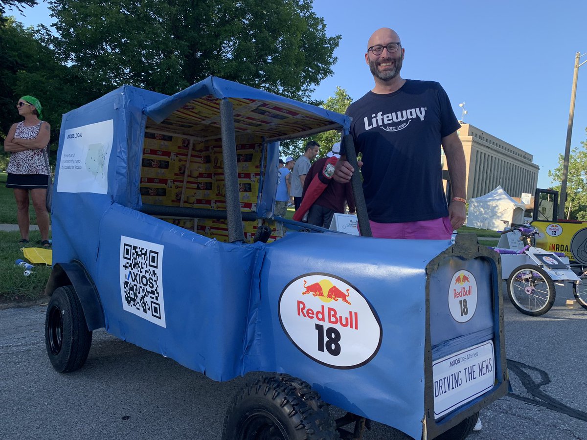 JustinKaufmann's tweet photo. Today is a big day in #Desmoines with my @axios colleagues. @linhmaita will drive this puppy to victory today in the @redbull #soapboxrace! Let’s go!!!! #GetSmarterFaster @ssavitsky @JasonClayworth https://t.co/SKhYTeLwf9