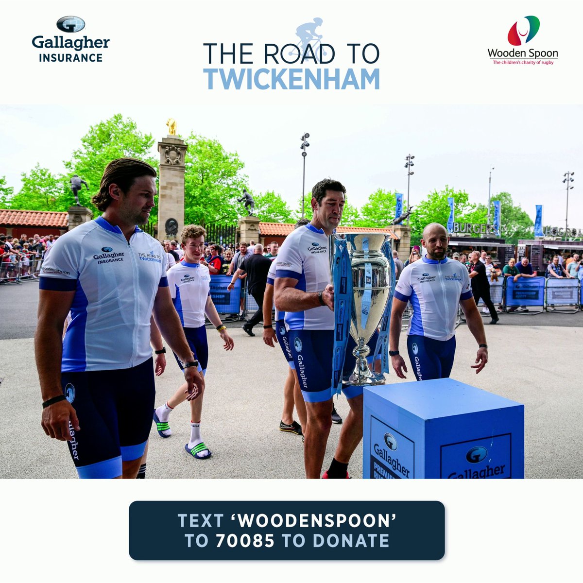 GallagherUK's tweet photo. The journey is complete! 🥳

Today our incredible #RoadtoTwickenham cyclists 🚴‍♂️ have completed the gruelling 750 mile journey to deliver the trophy to the #GallagherPremFinal. 🏆

its not too late to show your support to @charityspoon. Text WOODENSPOON to 70085 to donate! https://t.co/x2n43dj2U4