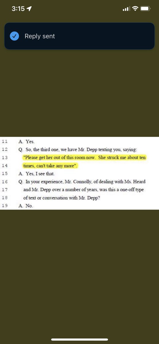 Speaking of hearsay evidence. Here is a text from Johnny Depp to Malcolm Connolly begging him to get AH out of the room because she wont stop hitting him.