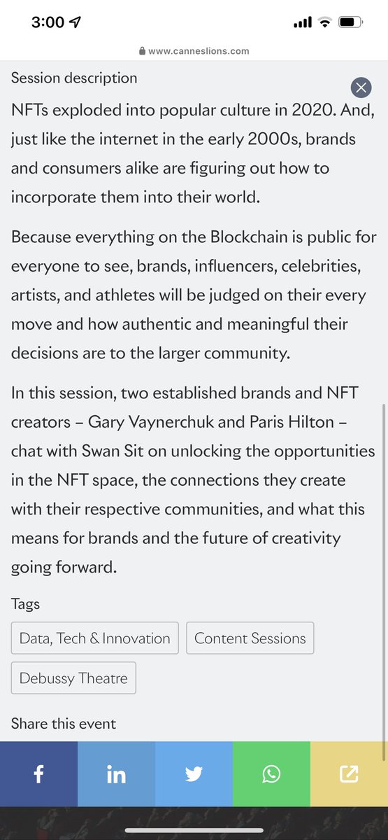 ParisHilton's tweet photo. Can’t wait to speak on the main stage with @garyvee &amp; @swansit about the #Metaverse &amp; #NFT Revolution this Tuesday!💫 @cannes_lions
#QueenOfTheMetaverse 👑🦄 https://t.co/YWdKciOljQ