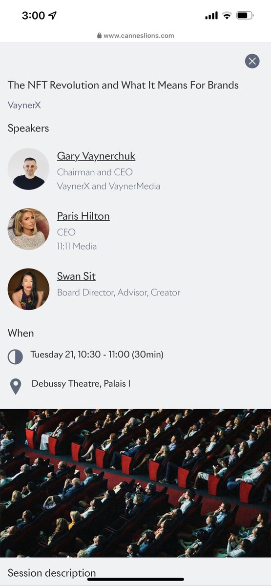 ParisHilton's tweet photo. Can’t wait to speak on the main stage with @garyvee &amp; @swansit about the #Metaverse &amp; #NFT Revolution this Tuesday!💫 @cannes_lions
#QueenOfTheMetaverse 👑🦄 https://t.co/YWdKciOljQ