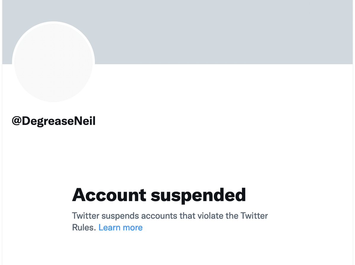 @DegreaseNeil Took a couple years but looks like Twitter finally got around to suspending #DegreaseNeil.