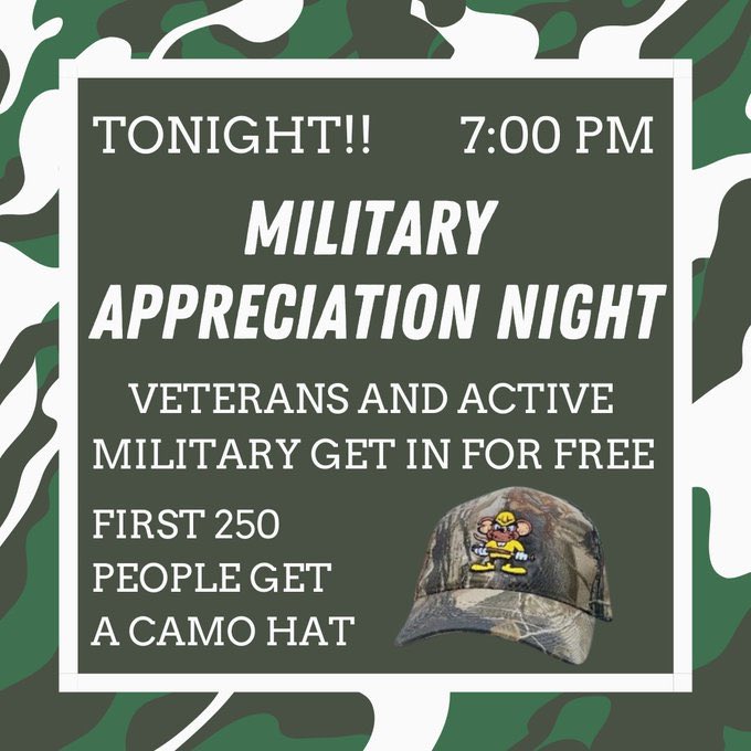 MiLBPromos's tweet photo. Don’t be late tonight @Mill_Rats fans! Tonight’s game comes with a Camo Hat giveaway for Military Appreciation! https://t.co/PK9xowNseB