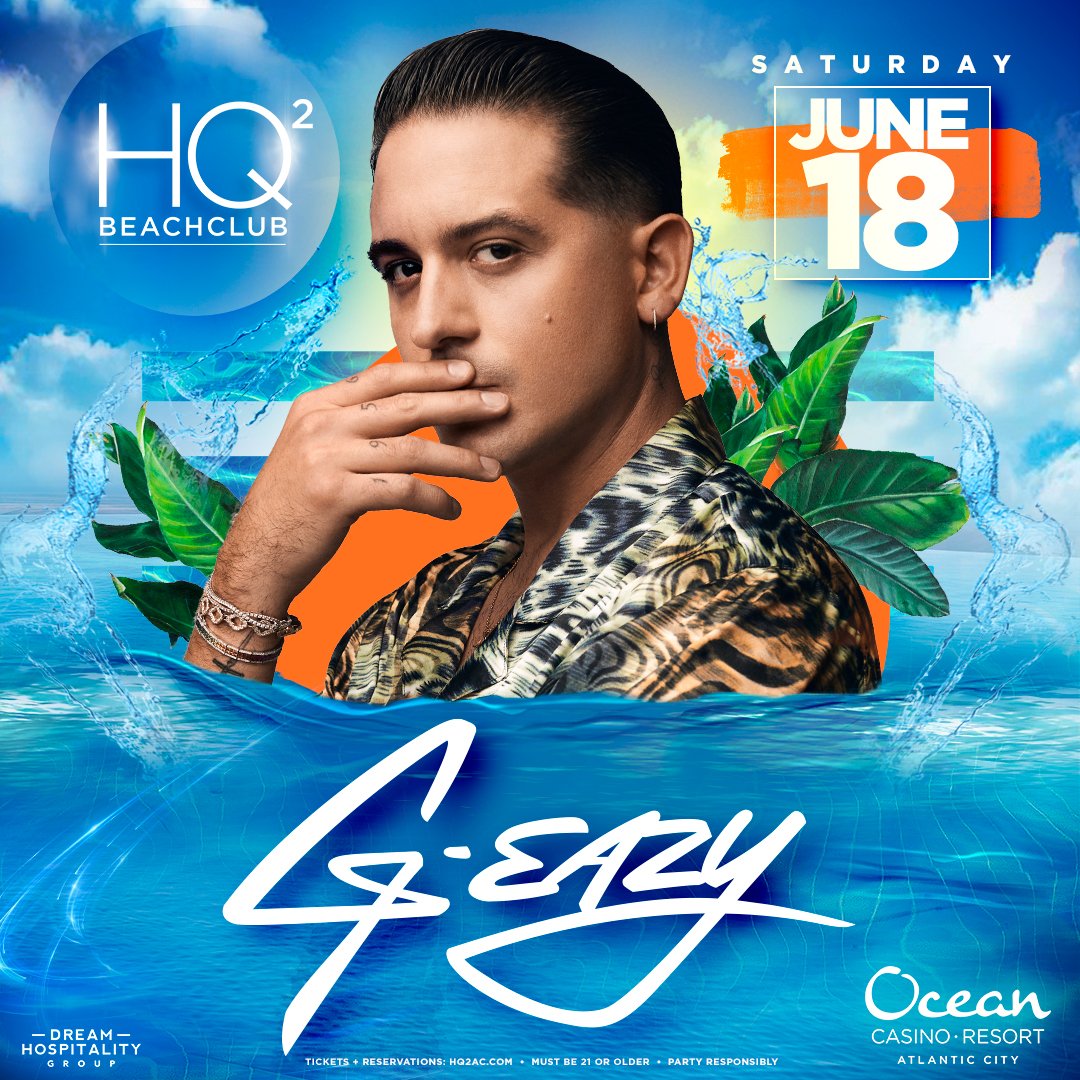 This weekend is here🙌🏼! Grab your friends and meet us at #HQ2Beachclub today for @G_Eazy. Don't miss his performance🎤 . #HQ2AC #theOceanAC