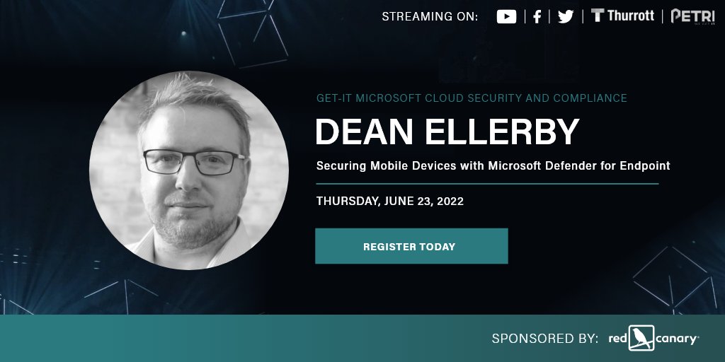 Join <a href="/dean_ellerby/">Dean Ellerby MVP</a> next Thursday for "Securing Mobile Devices with Microsoft Defender for Endpoint," when he walks through Defender for Endpoint with a focus on protecting iOS &amp; Android devices from threats. 

#1DayofMicrosoftCloudSecurity

Register here:
ow.ly/VXxs50ILK9r