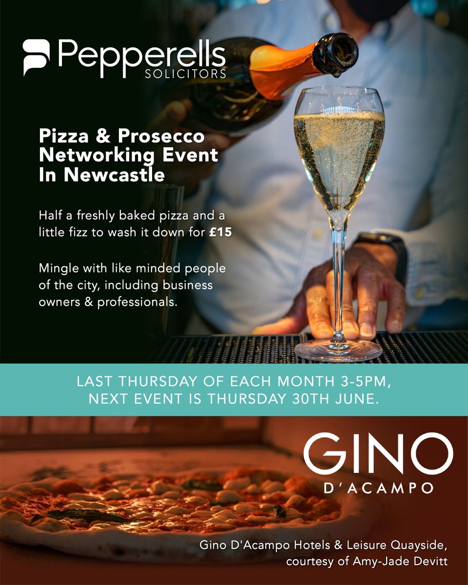 Pepperells's tweet photo. #TeamPepps and Gino Hotels & Leisure Quayside have combined to offer a Pizza & Prosecco networking event in Newcastle.
Join us on the last Thursday of each month 3-5pm
Next event is Thursday 26th May
Link below.
https://t.co/Mo2fUwGyOa https://t.co/t7iGEUX16H