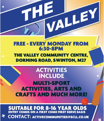 salfordyouth1's tweet photo. The Valley youth club, every Monday 6.30pm - 8pm.
Multi sports, arts, crafts and loads more.
Contact activecommunities@scll.co.uk
#multisports
#Swinton
#TheValley
#Mondays
@salfordleisure
#ForHousing https://t.co/qO5GAd6F5N