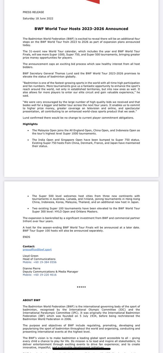 Breaking : Indonesia dipastikan dapat Super 1000/500 dan 100 utk new cycle 2023-2026