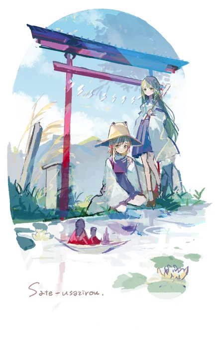 流し雛
#東方Project #東方イラスト #洩矢諏訪子 #東風谷早苗 