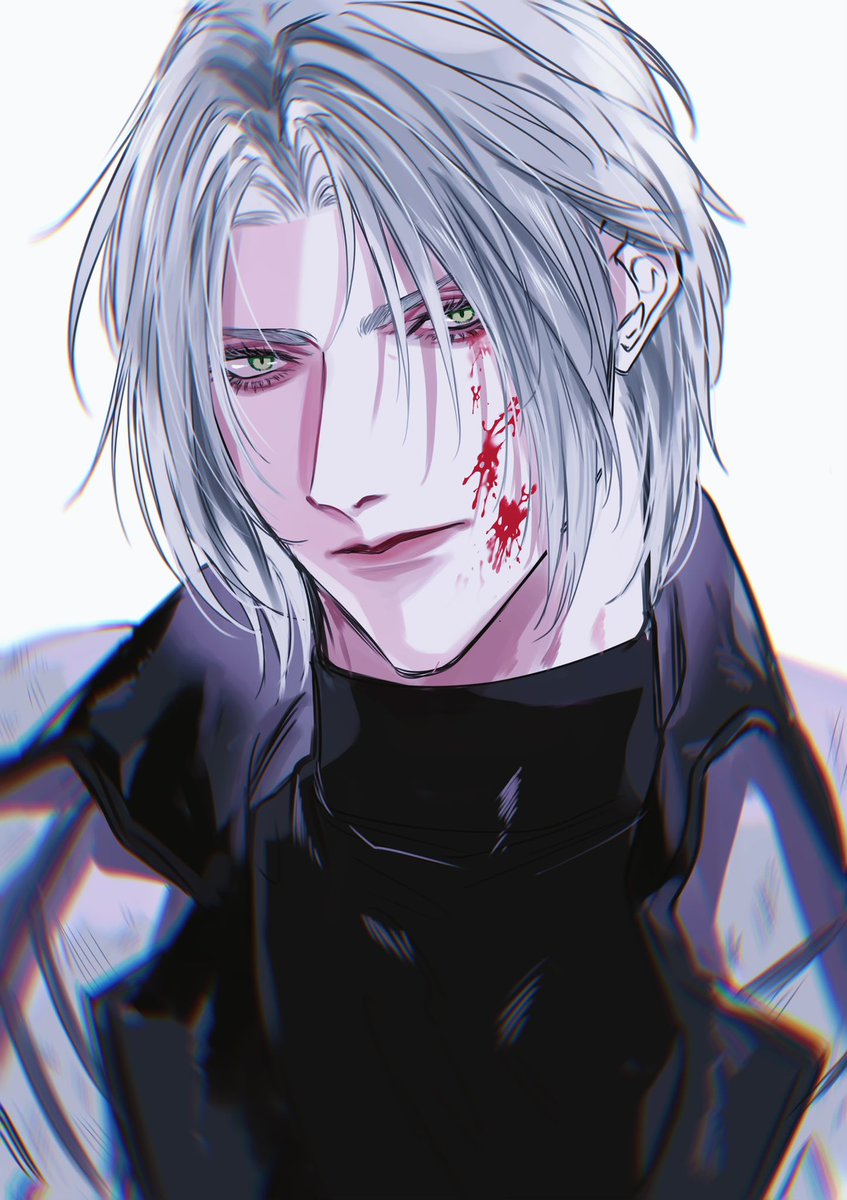 sephiroth male focus 1boy blood on face solo parted bangs grey hair green eyes  illustration images