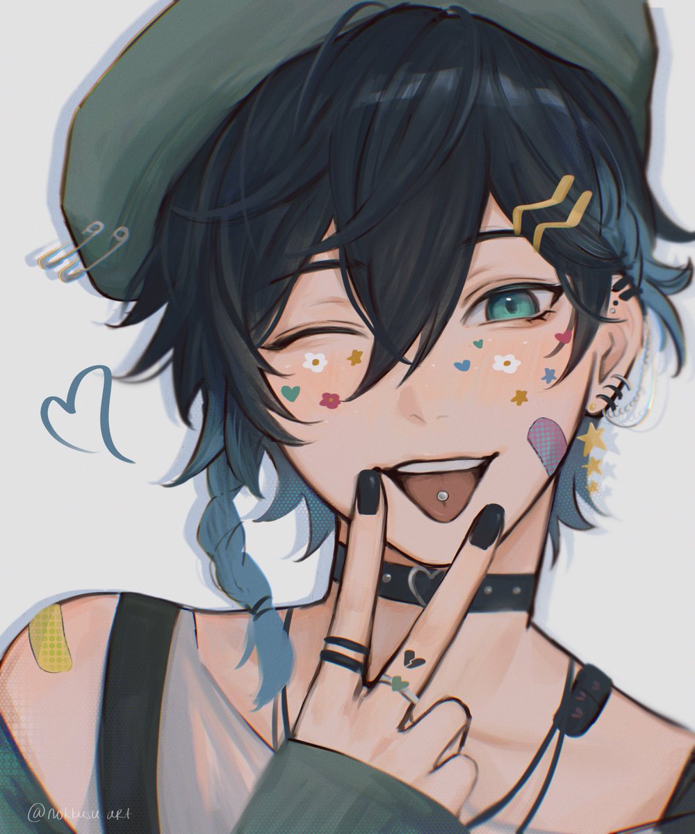 1boy male focus bandaid one eye closed tongue tongue out hat  illustration images