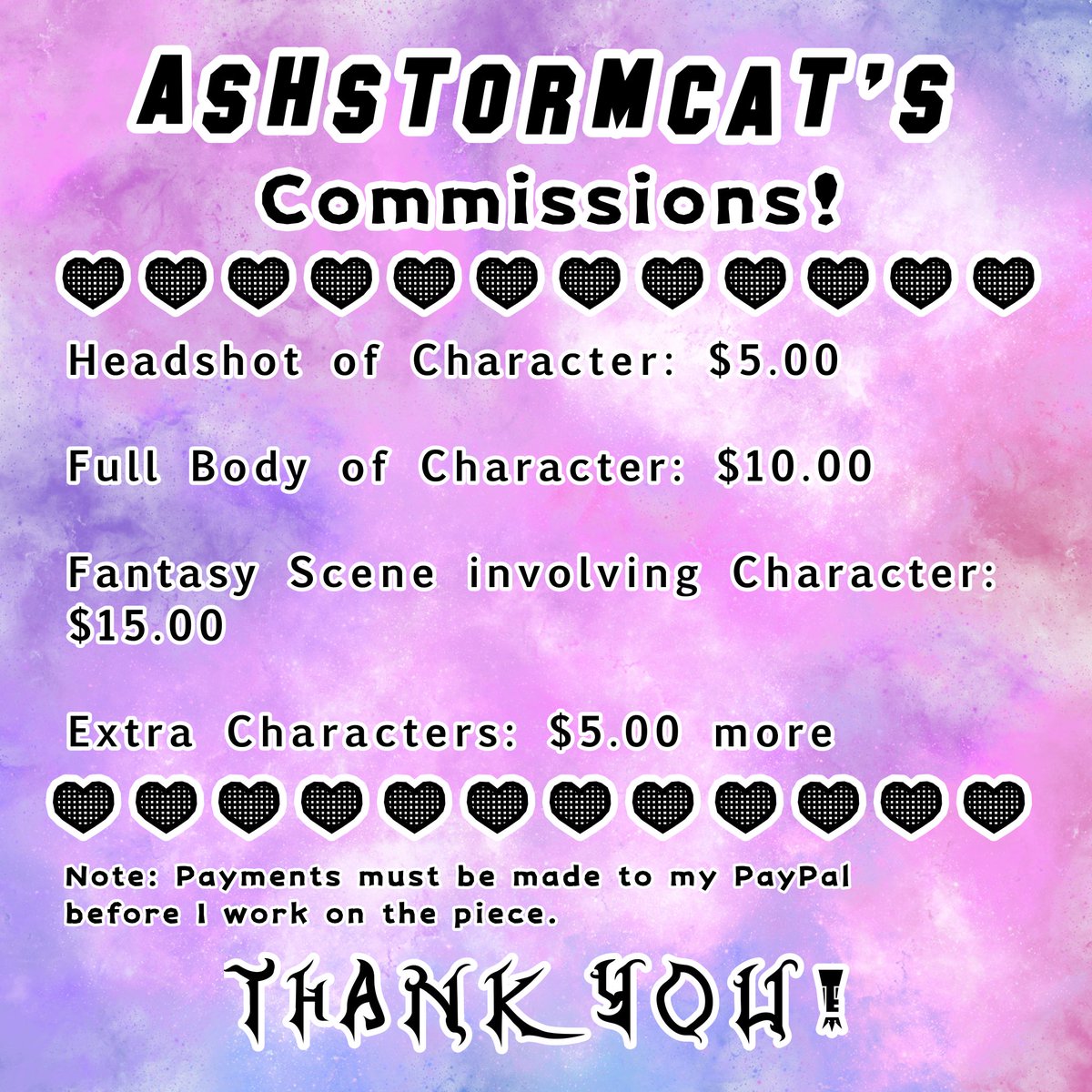 AshstormCat's tweet photo. [COMM] AshstormCat’s Commissions Open!
Hey everyone!! I’m having a hard time finding a job so I’m doing commissions to make some income. Here’s the info sheet!! 
Tags: #ashstormcat #art #digitalart #drawing #anime #animeoc #originalcharacter #commissions https://t.co/pg5xkQWCOW