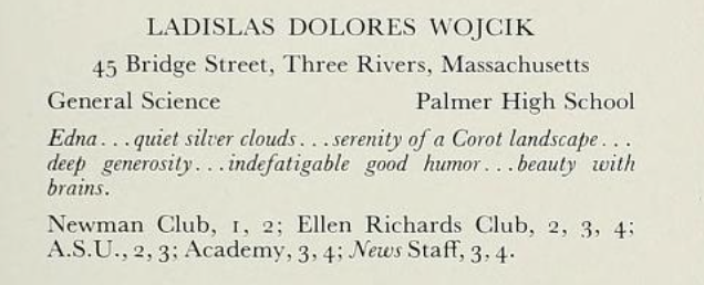 SimmonsSuffrage's tweet photo. 2/ Just because we love using the Simmons yearbooks digitized via @internetarchive, here is Ladislas Wojcik's senior photo and writeup. You'll note she was in the Ellen (Swallow) Richards club, named after the first woman to study *and* teach at @MIT. https://t.co/GUyacYcBmc https://t.co/3r7FS5Maju