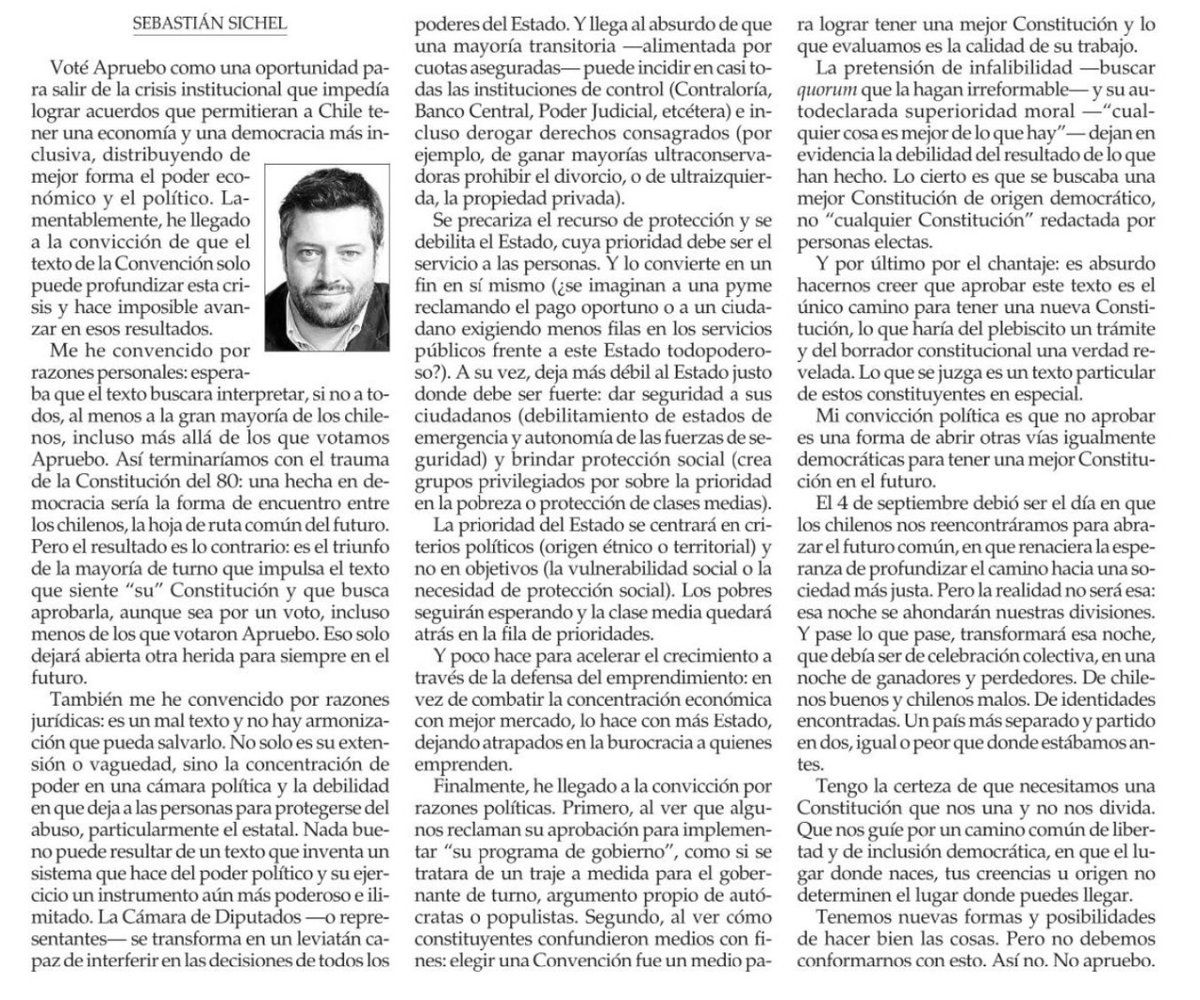 sebastiansichel's tweet photo. Hola! Les dejo mis razones para no aprobar esta mala propuesta de la Convención. 

Nueva Constitución, sí, pero así no. No apruebo. https://t.co/nAvtMxSV00