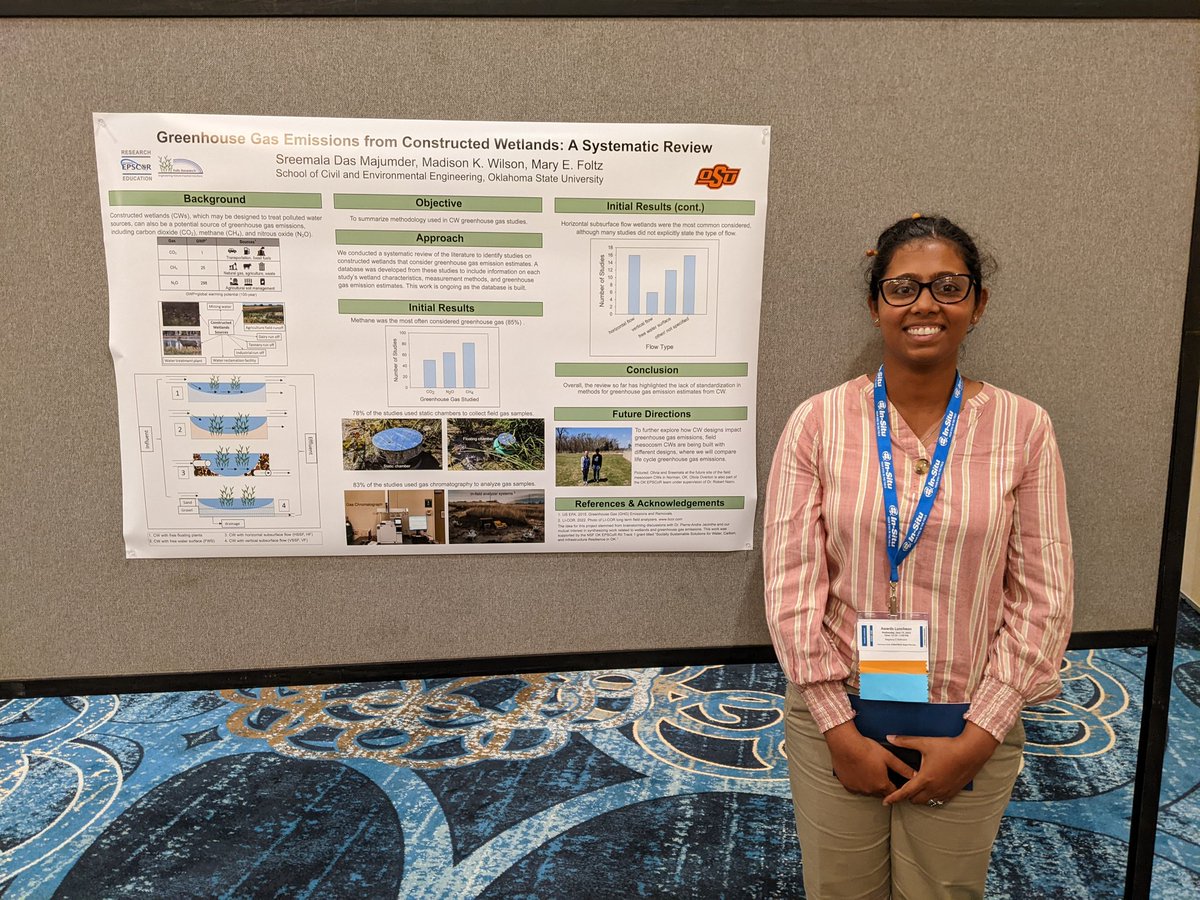 MaryEFoltz's tweet photo. Had a great time at #UCOWR2022 this week where @CiveOsu PhD student Sreemala presented some preliminary findings about ghg emissions from constructed wetlands used for water treatment. #ENIS https://t.co/WENAYEmEek