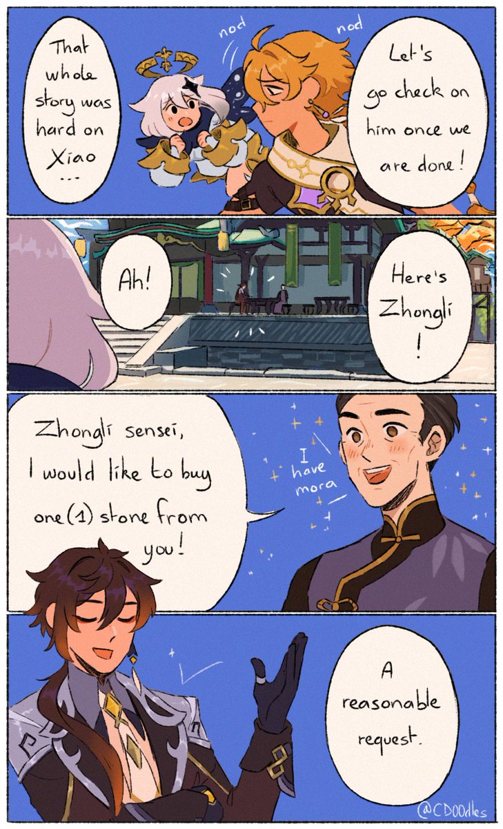 Loved all the fanarts of Xiao after the quest ! But this part... this part I needed to draw myself 😅 (1/3)
the consequences of letting Zhongli loose without supervision 