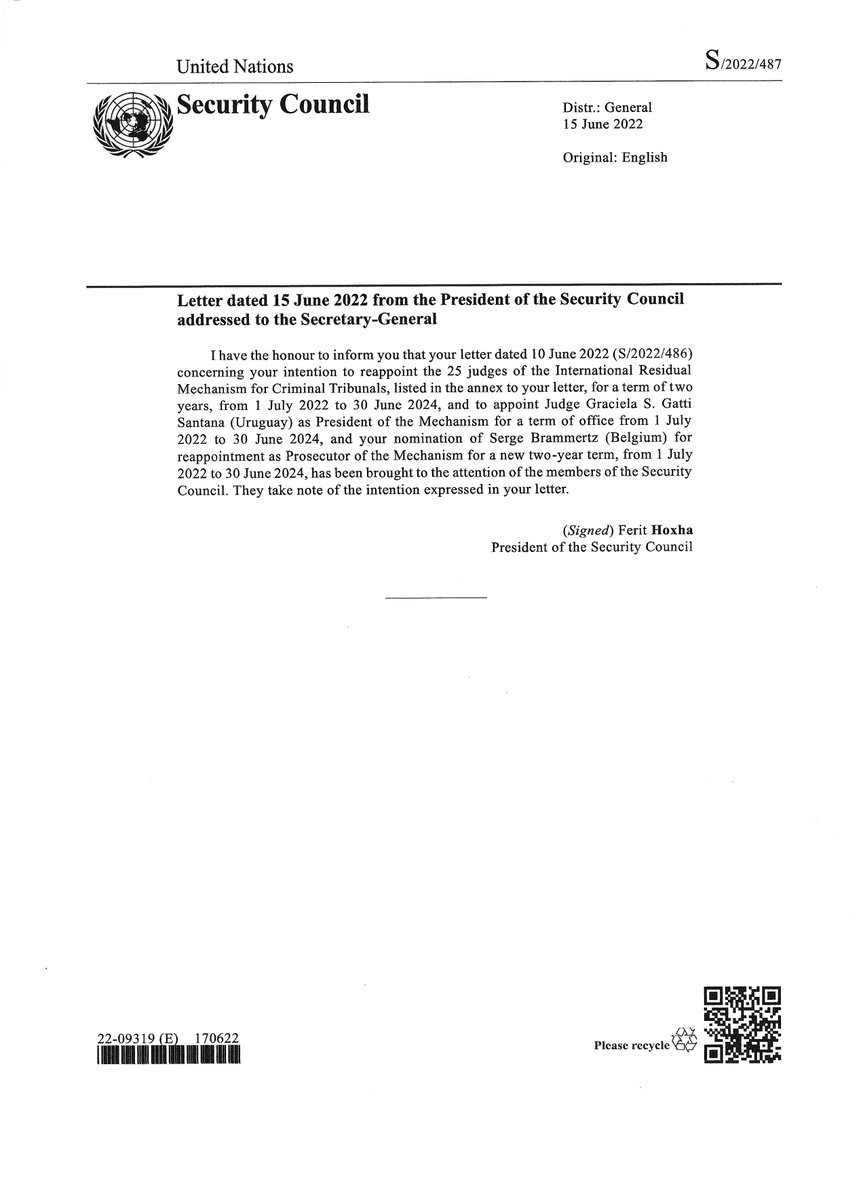 SCProcedure's tweet photo. Exchange of letters between SG & #UNSC confirms appointment of first ever female President of the Int'l Residual Mechanism for Criminal Tribunals - Judge Graciela S. Gatti Santana (Uruguay) for a term from 1 July 2022 to 30 June 2024. https://t.co/AzgbW9XEqN