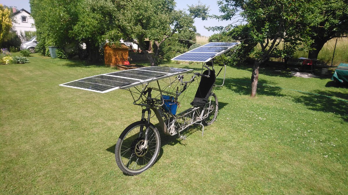 ArachneLabs's tweet photo. There was some #solarbike development today. Test ride is planned for today evening, tomorrow there will be 200 km ride attempt. Some upgrades of roof welding is planned until end of June and then there is plan to see how far I will get during 1st week in July. https://t.co/2g43rv4MG5