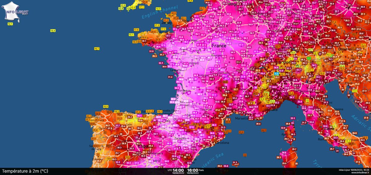 C'est historique mi-juin ! 43.2°C en Gironde (Belin-Béliet) #Biarritz atteint les 42,9°C et explose son record ABSOLU de 2,3°C (station installée en 1953), c'est 21°C au-dessus des normes ! 38-40°C à Oléron, Bordeaux, Angers, Nantes, Poitiers, Auxerre, Tours, Le Mans... #canicule