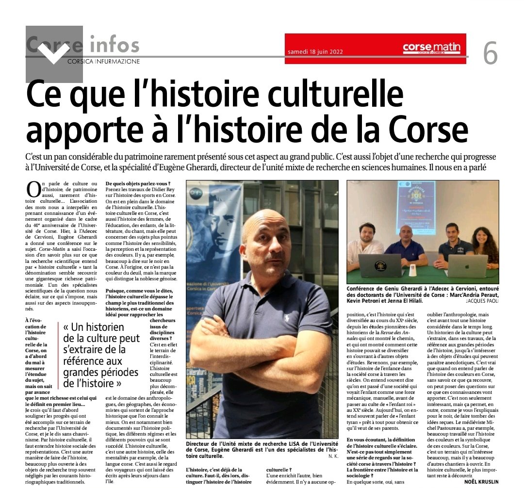umrlisa's tweet photo. L'histoire culturelle de la Corse, terrain de l'interdisciplinarité. Eugène Gherardi, Dir. de l'#umrlisa nous en dit plus sur sa spécialité dans @corsematin
#univcorse #dr12_cnrs #inshs_CNRS #SHS #HistoireCulturelle #corse #Corsica #M3C #40anni #interdisciplinarité #culturecorse https://t.co/7H2bLrGSZ7