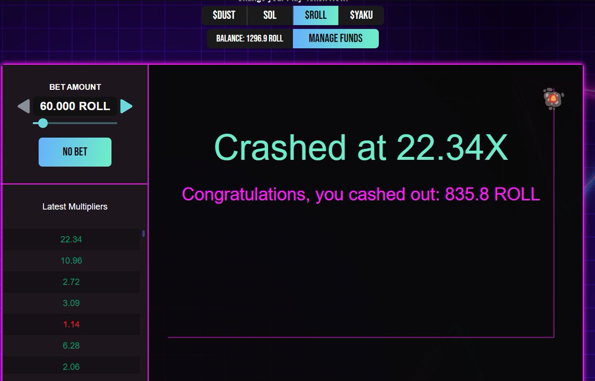 beniswiftdj's tweet photo. #crashcash 50 $ROLL challenge! I cashed out at 835.8 roll.....am i the leader? @HighRollerHC can anyone top that today? #NFTs #NFTCommunity #NFTProject https://t.co/96WeGzH7a3