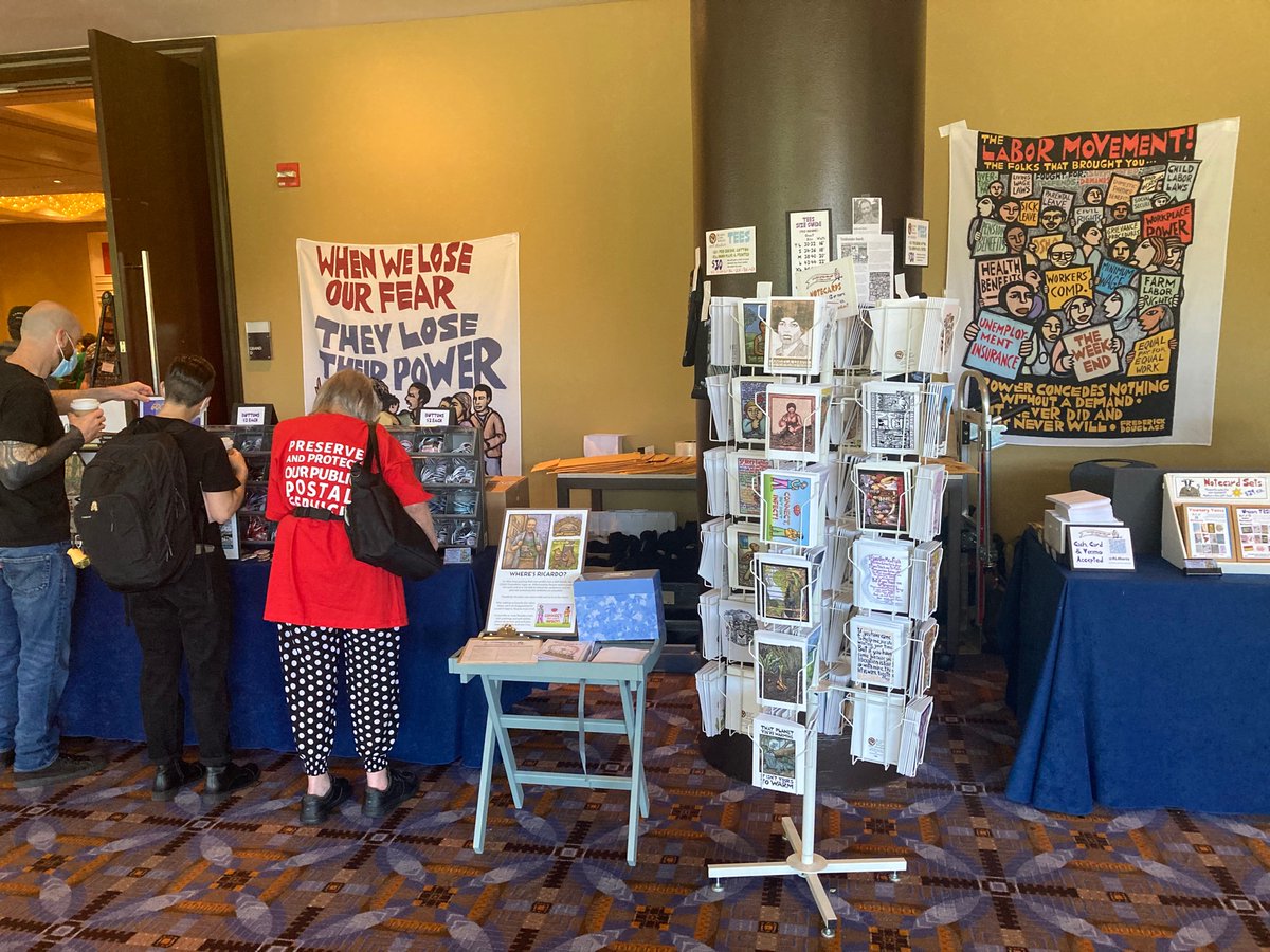 rlmartstudio's tweet image. If you’re at @labornotes #LaborNotes22 in Chicago, come visit our table in the vendor area for posters, cards, shirts, pin buttons and more!