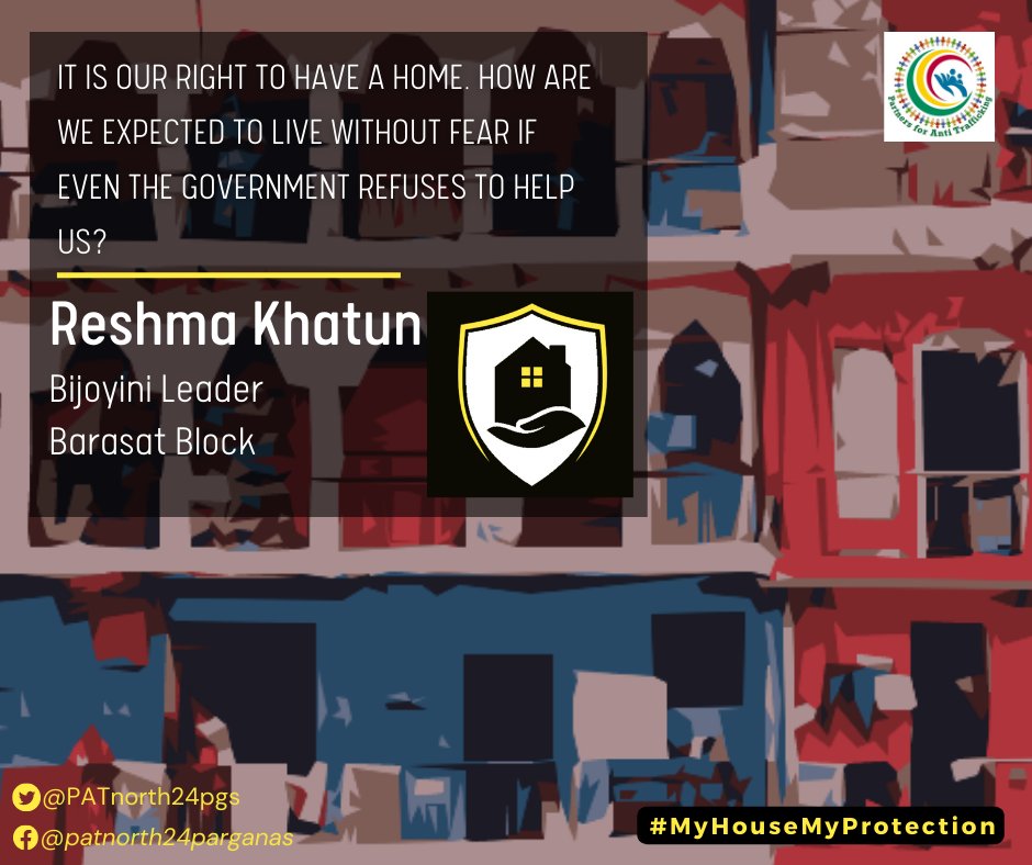 PATnorth24pgs's tweet photo. It is our right to have a home, said Barasat Block Bijoyini leader Reshma Khatun. On a rented property, she told us, survivors don't feel safe or protected.
Reshma is one of the many survivor leaders still waiting for government-assisted housing. 
#MyHouseMyProtection https://t.co/44z0miuaIE